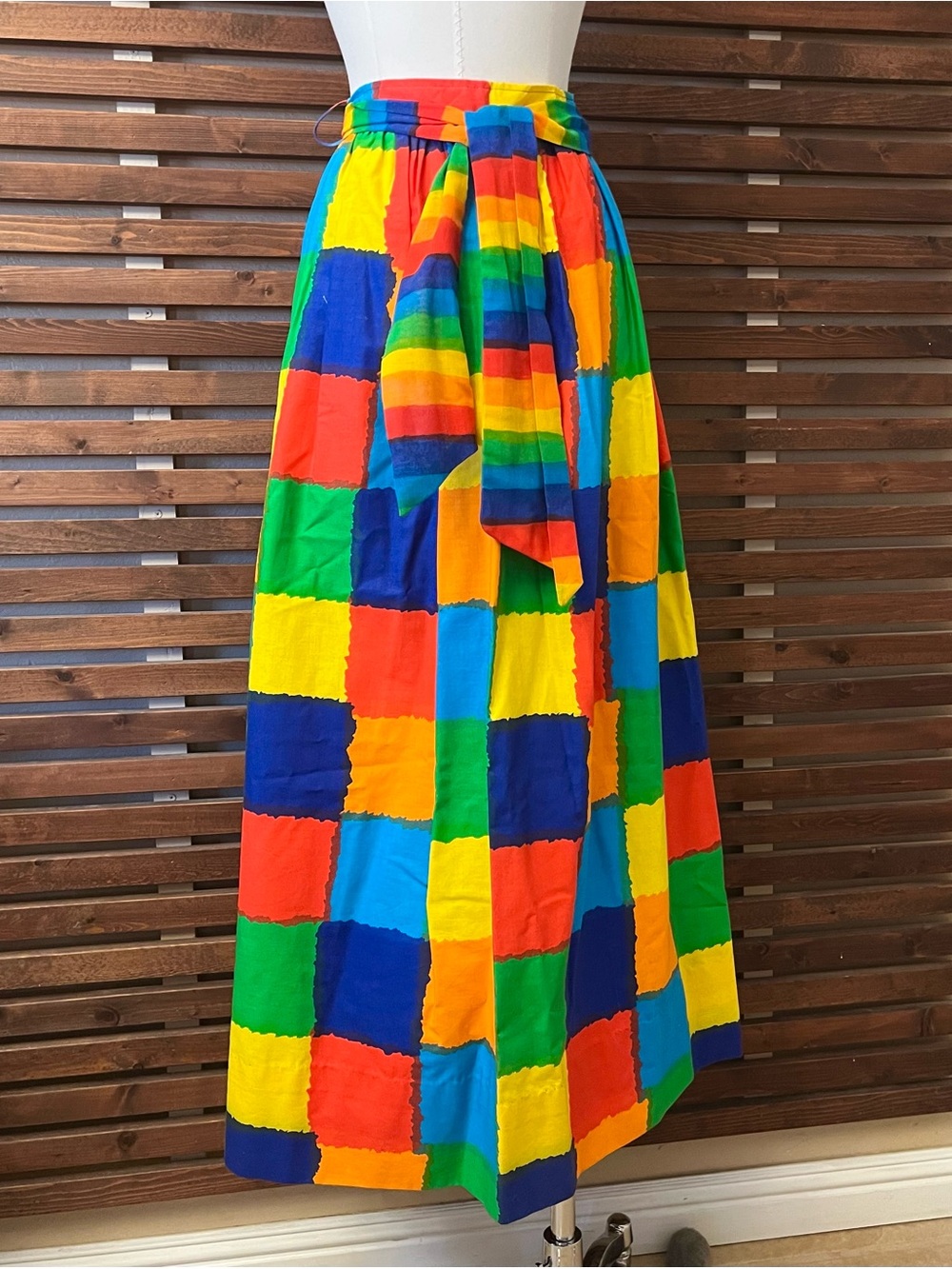1970s 70s Vintage Rainbow Multicolor Patchwork Print High Tie Waist Maxi Skirt - Picture 2 of 11